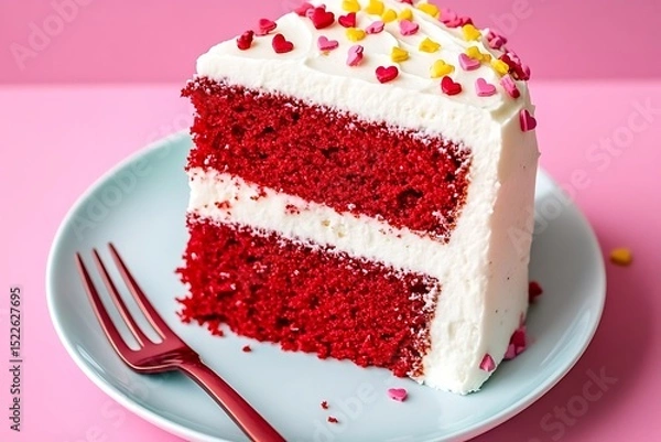Fototapeta A slice of red velvet cake with white frosting on a plate