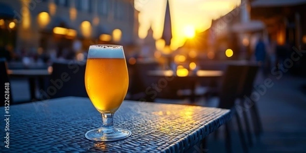 Fototapeta A refreshing glass of beer sits on a table as the sun sets, casting a warm glow over the lively outdoor cafe