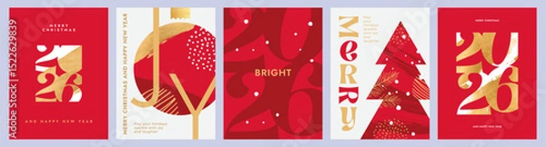 Obraz Merry Christmas and Happy New Year 2026 set of greeting card, poster, web banner, holiday cover. Xmas template in art style with gorgeous number 2026 design in gold and red colors for ads and promo