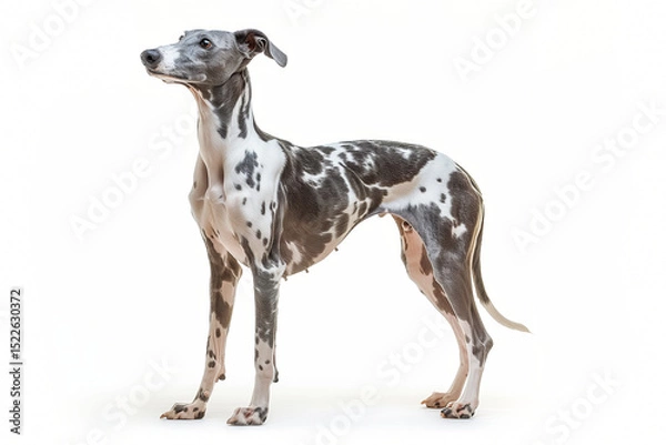 Fototapeta Adult Whippet standing on white background. Sleek and slender medium-sized sighthound with short smooth coat, elegant build, long legs, and graceful posture. Ideal for breed identification