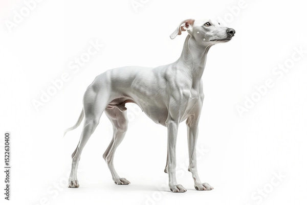 Fototapeta Adult Whippet standing on white background. Sleek and slender medium-sized sighthound with short smooth coat, elegant build, long legs, and graceful posture. Ideal for breed identification