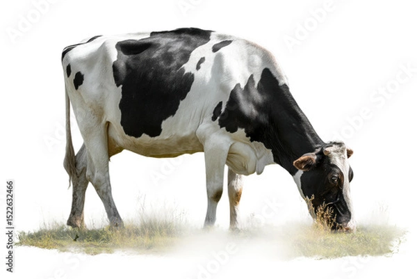 Fototapeta Holstein cow grazing on pasture: black and white dairy cattle in natural farm setting, cut out
