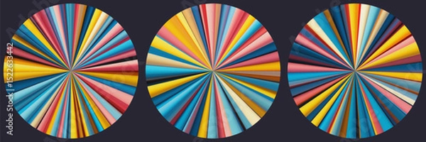 Obraz Set of bright circular patterns with vibrant radiating stripes converge towards the center. Circular starburst forms made of sharp converging folded lines in bright saturated tone. Vector illustration