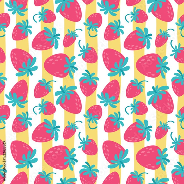 Fototapeta Strawberries seamless pattern on yellow vertical stripes. Summer vector background design with berries