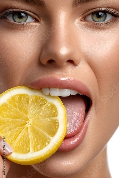 Fototapeta Close-up of woman's face biting into lemon wedge