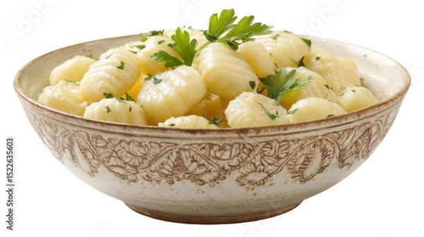 Fototapeta Steaming hot gnocchi seasoned with butter and parsley, served in a rustic bowl, creates an inviting image ideal for food blogs and restaurant menus with a transparent background
