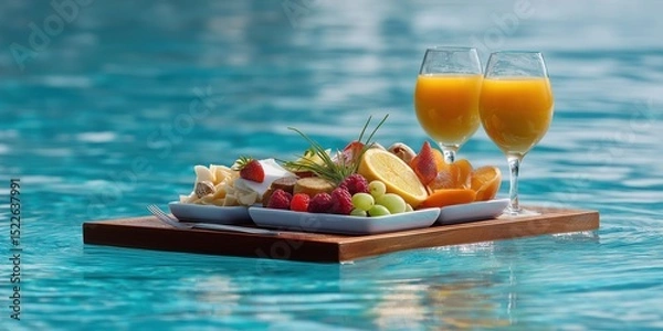 Fototapeta A tray of food is floating on a body of water. There are two glasses of orange juice on the tray