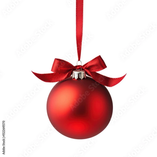 Fototapeta Glossy red Christmas ornament ball with red hanging ribbon and bow, isolated on white background, symbolizing festive holiday decoration
