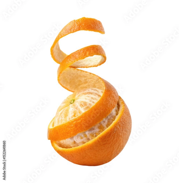 Obraz Ripe orange fruit half peeled with spiral skin isolated on a transparent background png