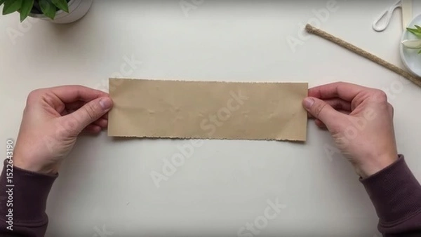 Fototapeta Person is holding a piece of paper and folding it into a long strip. Concept of creativity and resourcefulness