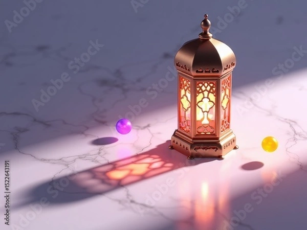 Fototapeta A detailed 3D  of a traditional Eid lantern casting colorful geometric shadows on a marble surface in.