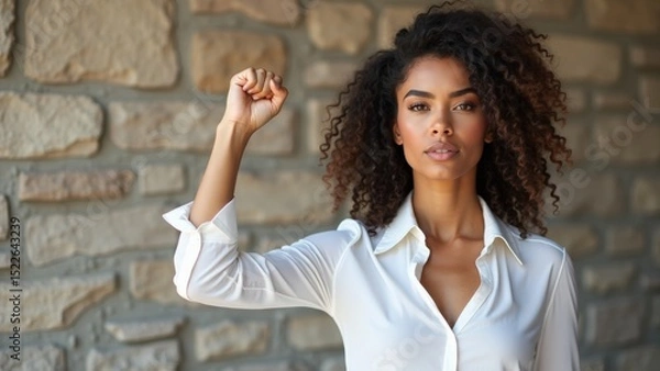 Fototapeta Accelerate action. Stay strong.  Woman with curly hair is standing in front of a brick wall and is holding her arm up in the air