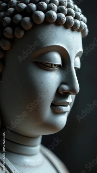 Fototapeta Vesak, Buddha Purnima. Statue of a Buddha face with a serene expression. The statue is made of white marble and has a peaceful aura surrounding it