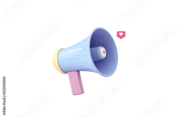 Fototapeta Colorful 3d megaphone with floating heart icon on white background, cut out