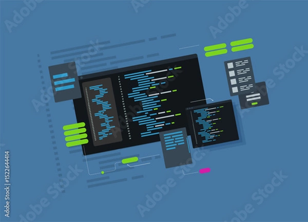 Fototapeta Software development and programming, program code on laptop screen, big data processing, computing isometric