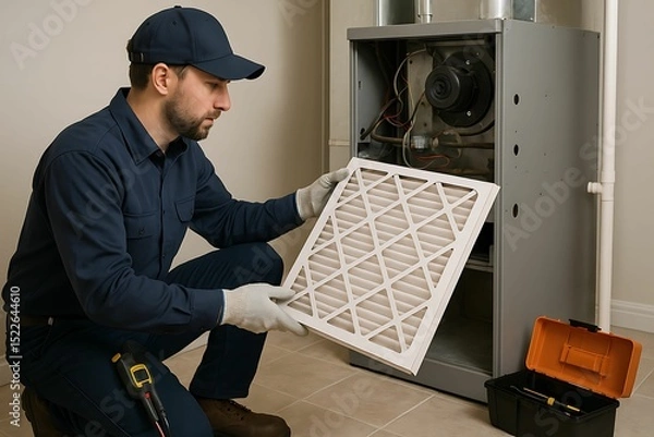 Obraz A technician replaces an air filter in a furnace during routine HVAC maintenance at home.