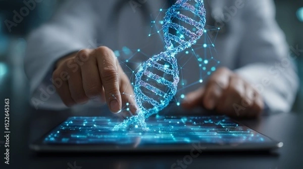 Fototapeta Doctor interacting with electronic medical record on tablet with dna hologram and digital healthcare network interface