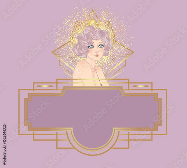 Fototapeta Art Deco design template with elegant flapper girl, geometric shapes, and decorative elements in dusty rose and gold tones. Perfect for invitations, fashion branding, events, or digital decor.