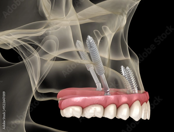 Fototapeta Maxillary prosthesis supported by zygomatic implants. Medically accurate 3D illustration of human teeth and dentures