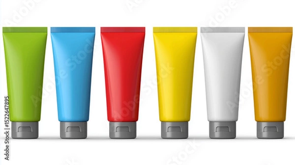 Fototapeta Colorful set of toothpaste tubes arranged on a white background for personal care selection