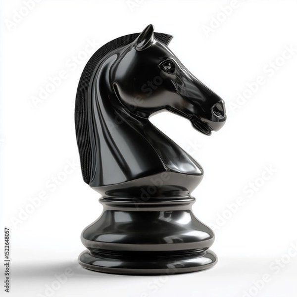 Fototapeta Glossy black chess knight stands out against white background, showcasing intricate design and craftsmanship
