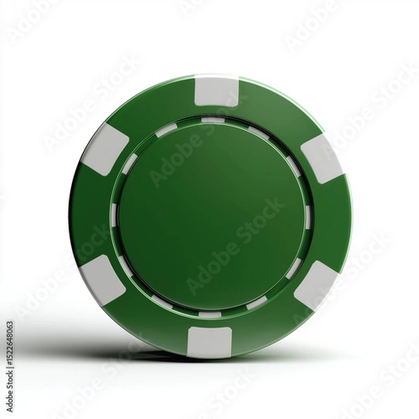 Fototapeta Glossy green poker chip on white background with clear design elements and shiny finish for gaming enthusiasts