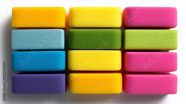 Fototapeta Colorful sponges arranged in two rows on a white background for cleaning and household use