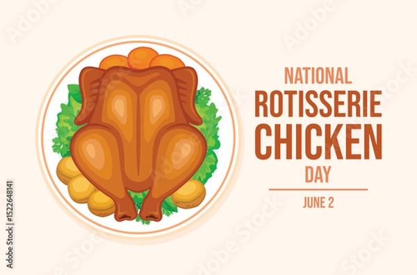 Fototapeta National Rotisserie Chicken Day poster vector illustration. Roasted chicken with garnish on a plate vector. Whole grilled chicken top view drawing. Template for background, banner, card. 2 June