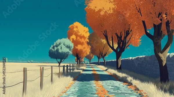 Obraz Stylized Autumn Landscape with Trees, Road, Fence, and Wall Under a Vibrant Blue Sky