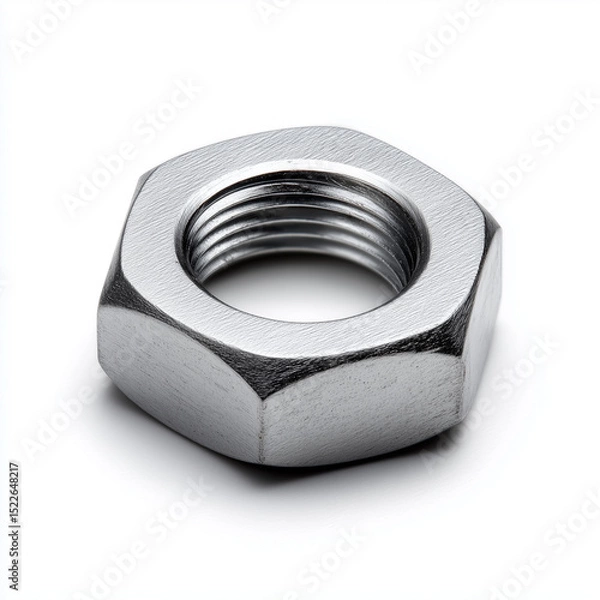 Fototapeta Matte gray metal nut isolated on white background showcasing its hexagonal design and threaded interior