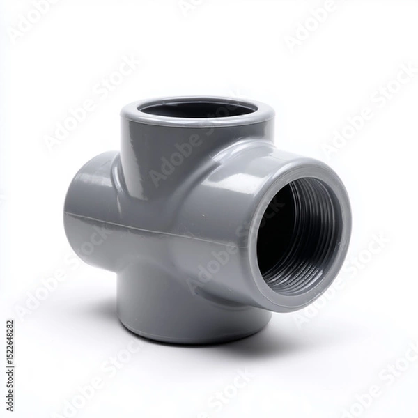 Fototapeta Matte gray PVC pipe fitting viewed on a white background for plumbing and construction applications