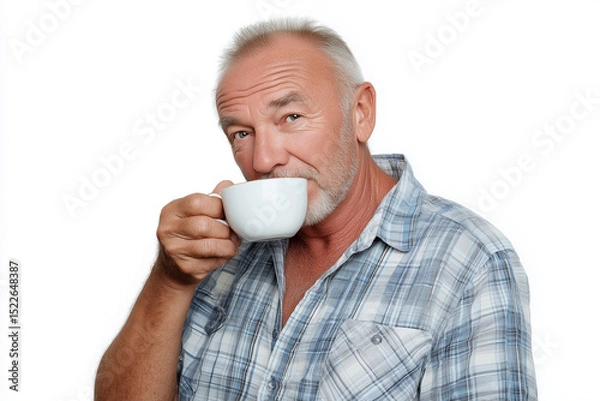 Fototapeta Relaxed Australian senior man enjoying a cup of tea in a cozy and casual setting on a white background