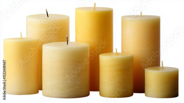 Fototapeta Collection of assorted candles in different sizes on a white background for home decor and ambiance creation