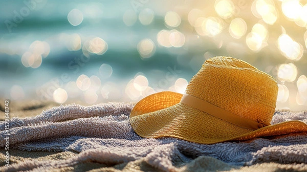 Obraz A relaxing scene on the beach, with a straw hat and a towel, a perfect vacation