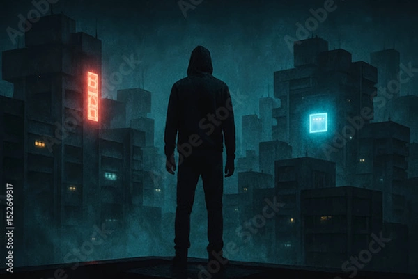 Fototapeta Man in hoodie stands on rooftop facing dark neon cityscape, cyberpunk mystery, generative AI