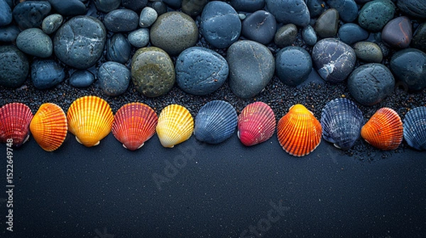 Obraz Colorful Seashells and Smooth Stones Arranged on a Black Sandy Beach