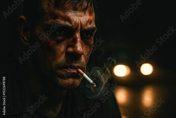 Fototapeta Close-up of bruised man smoking in dark street, intense expression and cinematic lighting, generative AI