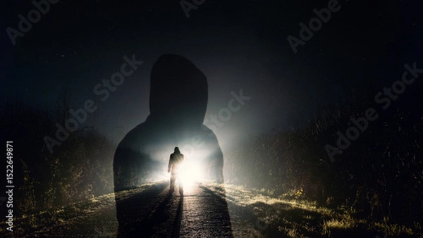 Fototapeta A double exposure of a hooded figure, with a mysterious figure silhouetted by spooky glowing lights on a country road at night