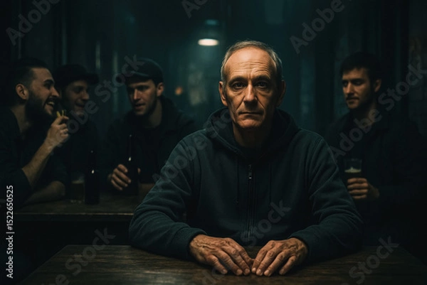 Fototapeta Older man in hoodie stares ahead while others talk and laugh in the background, generative AI