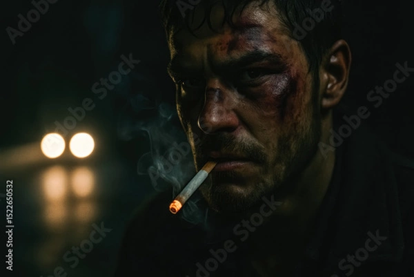 Fototapeta Injured man with bruised face smoking in dark alley at night. generative AI