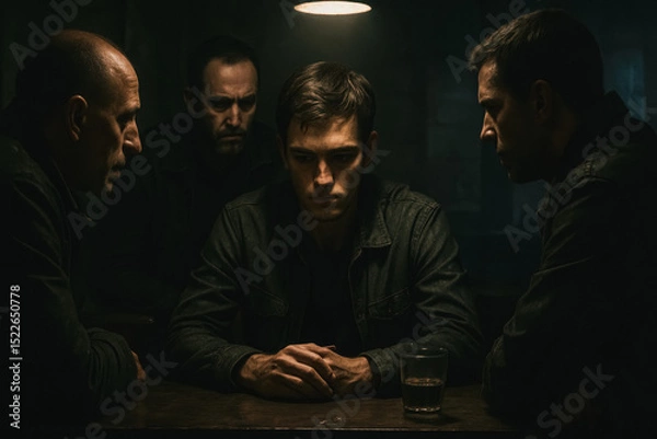 Fototapeta Four men around a table under harsh light, serious expressions, tense atmosphere, generative AI