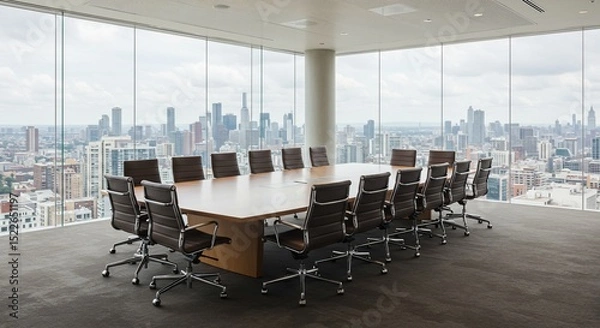 Fototapeta Meeting room for brainstorm with chairs and table and cityscape background