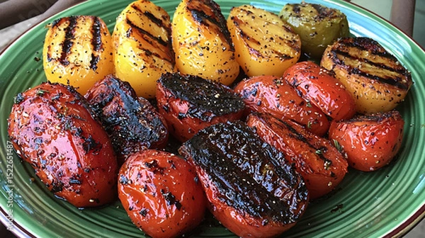 Obraz Grilled vegetables, Tomatoes and potatoes, appetizing dish served on a green plate