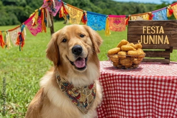 Obraz Golden retriever at Festa Junina celebration with traditional food, colorful flags and checkered tablecloth.