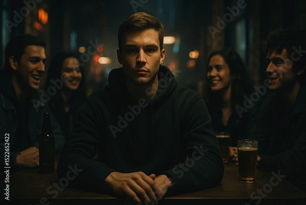 Fototapeta Young man sits confidently at bar table while friends laugh behind him, moody lighting, generative AI