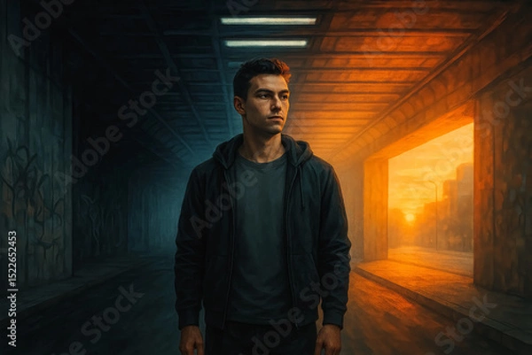 Fototapeta Man walking from darkness to glowing sunset underpass, symbolizing inner transition, generative AI