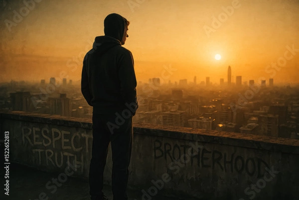 Fototapeta Man in hoodie watching sunrise over city from rooftop with graffiti words, generative AI