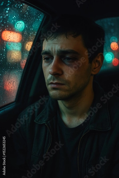 Fototapeta Sad young man with bruised face sitting in car at night, rain on window, deep thoughts, generative AI