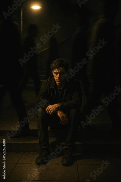 Fototapeta Man sitting alone on city stairs under streetlight at night, people passing by, lonely mood, generative AI
