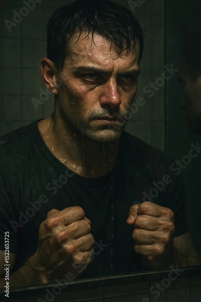 Fototapeta Wet man with clenched fists looks at himself in mirror, filled with raw emotion, generative AI